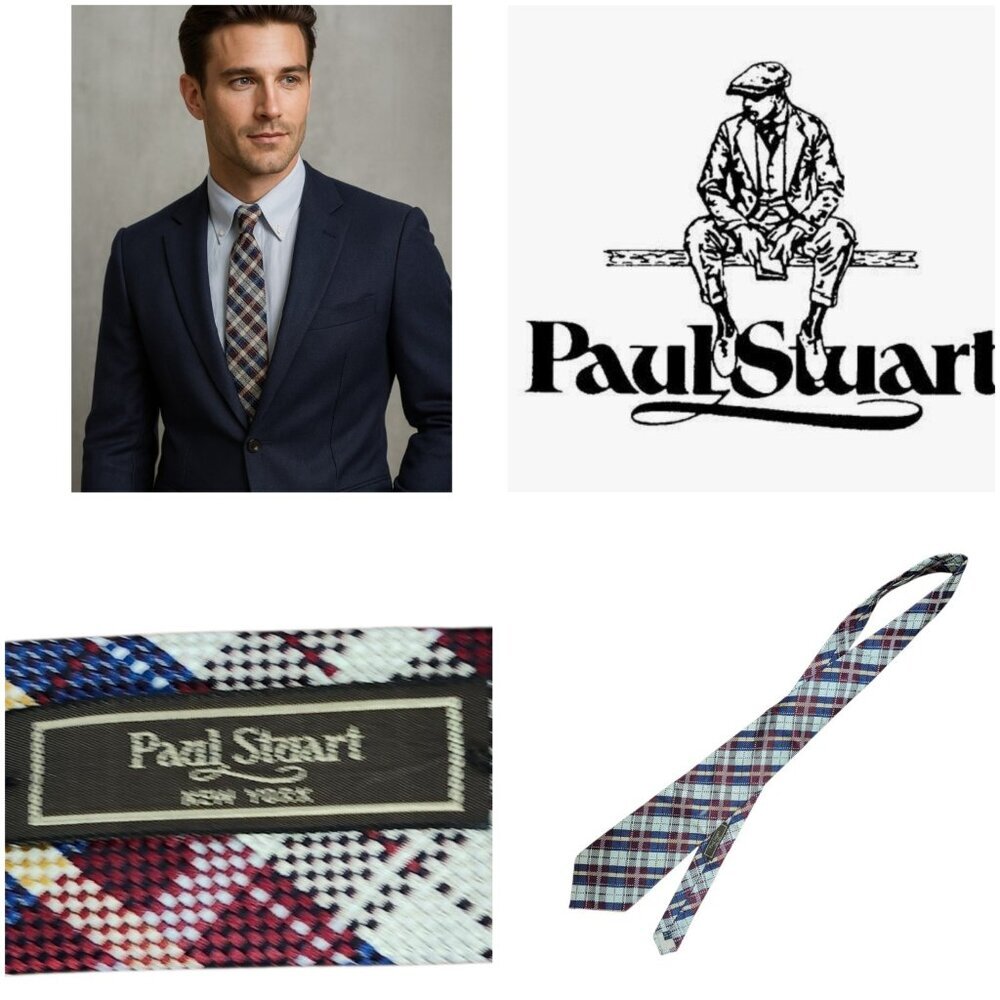 Paul Stuart 100% Silk (Men's)  Plaid  Multi-Color  Tie Hand Made  In The US